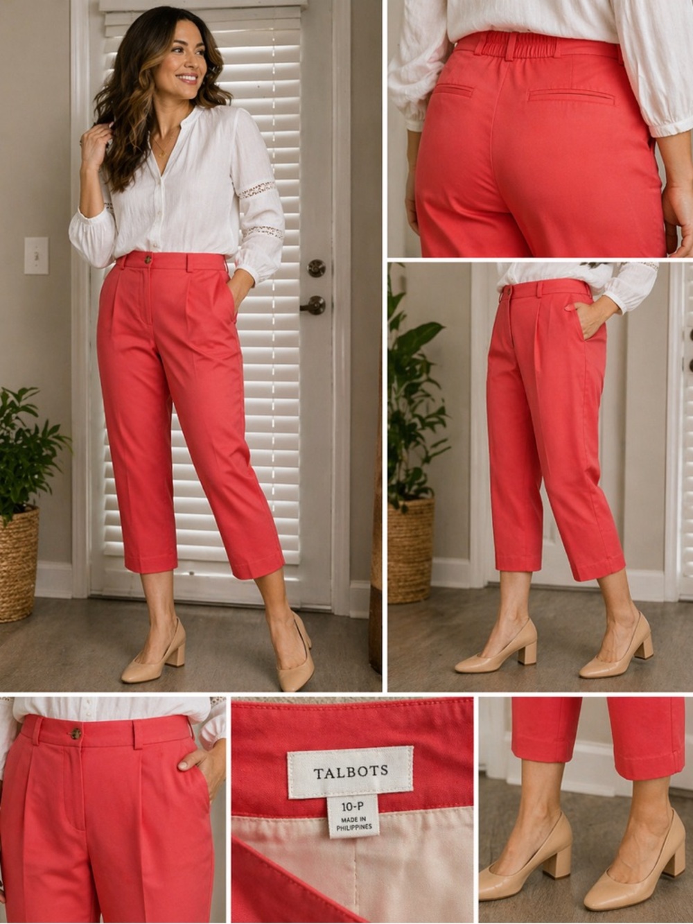 Talbots Women Cropped‎ Pleated Pants High Waist Coral Pink Career Size M